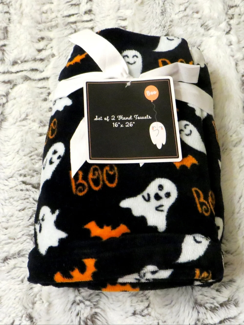Halloween Ghosts Bats Boo Black White Orange Cotton Hand Towels Set Of 2 New
